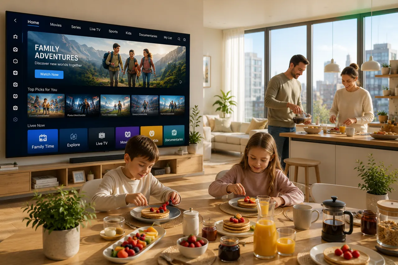 Rodzina korzysta z IPTV na dużym telewizorze Smart TV w jasnym, nowoczesnym mieszkaniu
