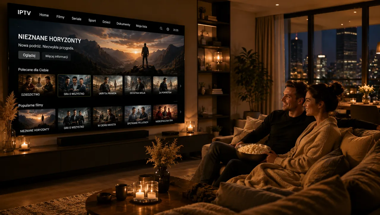 Para ogląda subskrypcję IPTV w jakości 4K na dużym telewizorze Smart TV w nowoczesnym salonie wieczorem