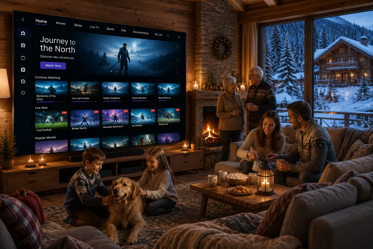 Rodzina ogląda bogatą ofertę IPTV — kanały na żywo, sport, filmy i seriale na dużym telewizorze Smart TV