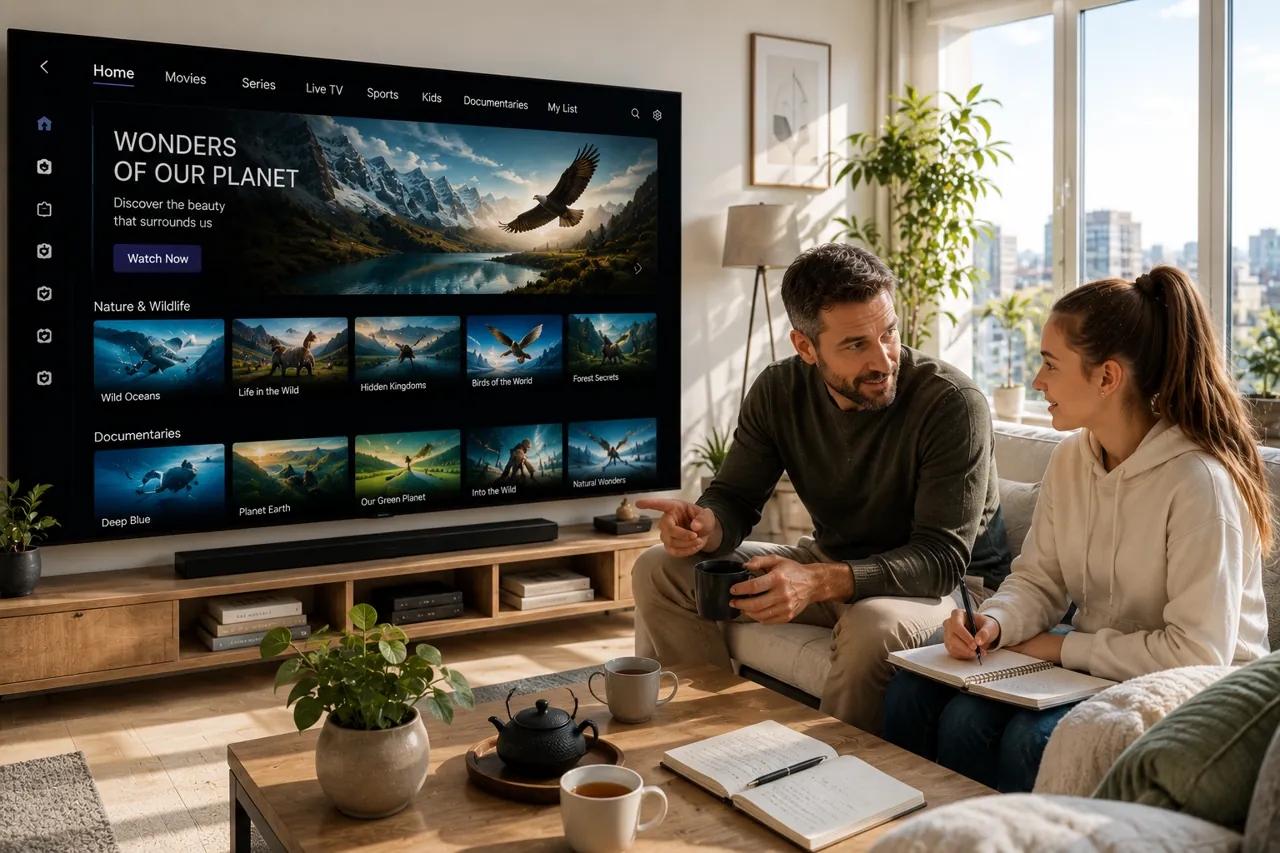 Para przegląda kategorie treści IPTV na dużym telewizorze Smart TV w salonie