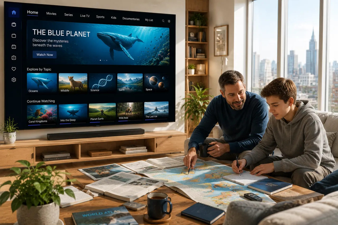 Ojciec i syn przeglądają ofertę IPTV pogrupowaną w kategorie tematyczne na telewizorze Smart TV