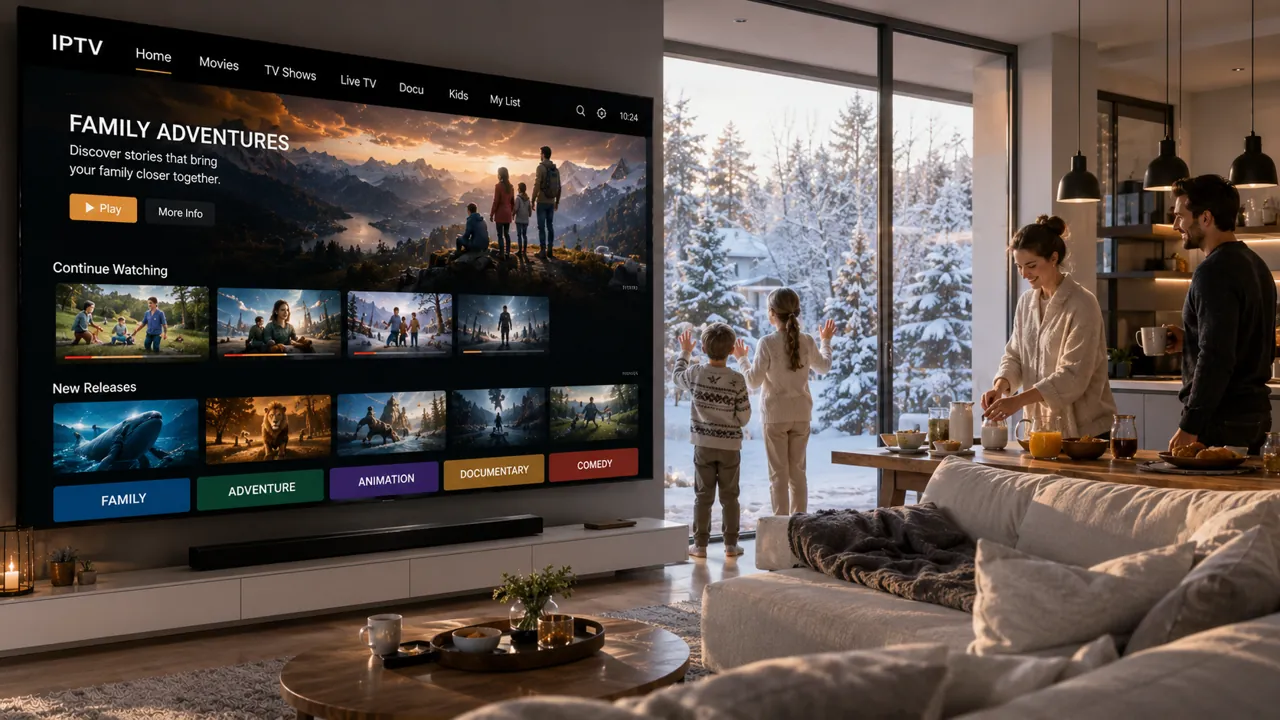 Lista kanałów IPTV podzielona na kategorie tematyczne wyświetlona na telewizorze Smart TV