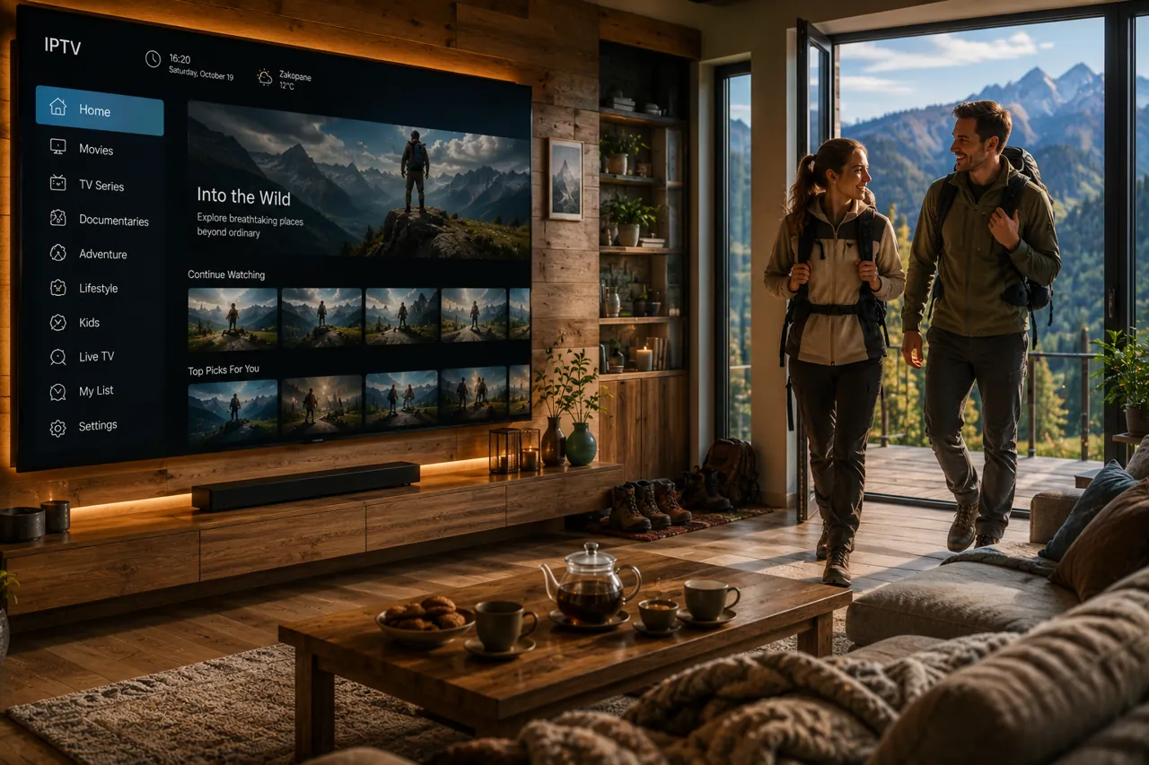 Smart TV z aplikacją IPTV wyświetlający obraz w wysokiej jakości w nowoczesnym wnętrzu