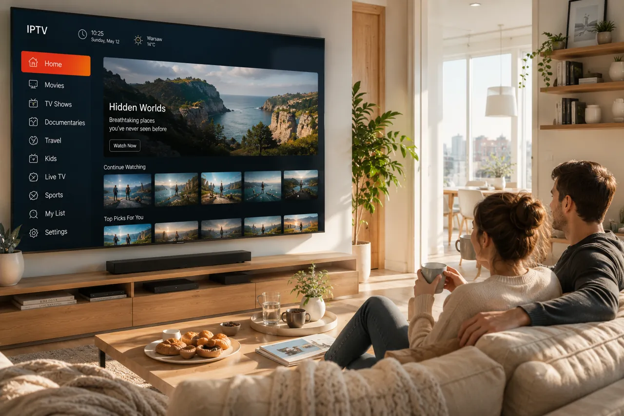 Para spokojnie ogląda subskrypcję IPTV na telewizorze Smart TV po prostym zamówieniu przez WhatsApp