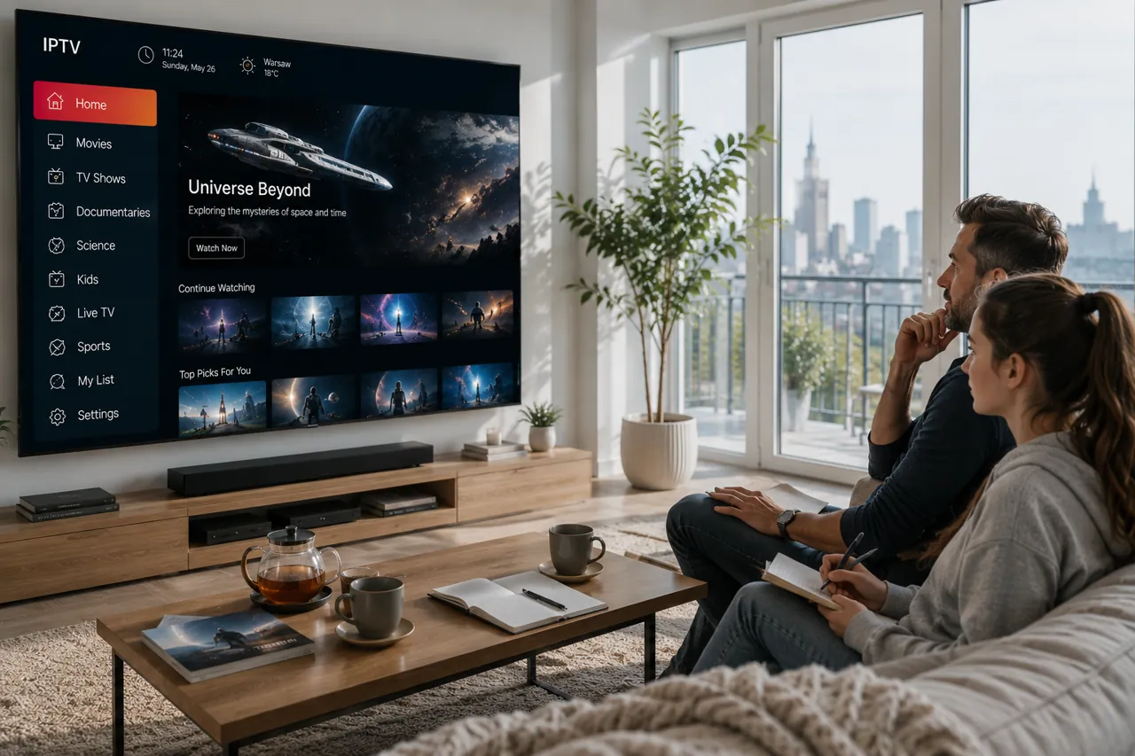 Para ogląda treści IPTV w jakości 4K na dużym telewizorze Smart TV w nowoczesnym mieszkaniu