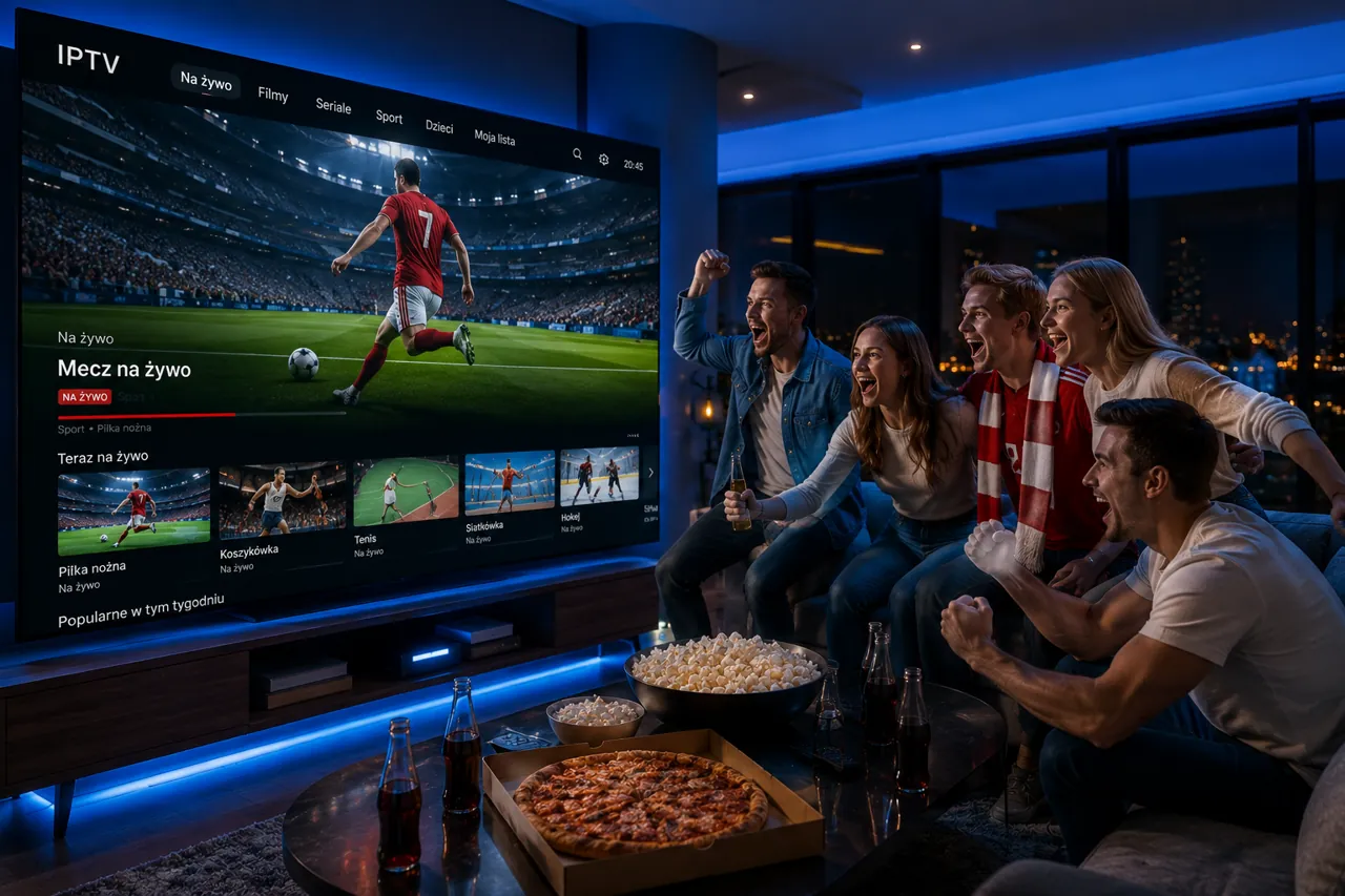 Grupa kibiców oglądająca transmisję sportową w telewizji IPTV