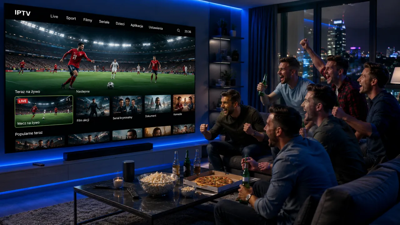 Telewizja IPTV na dużym telewizorze Smart TV z konsolą multimedialną w salonie